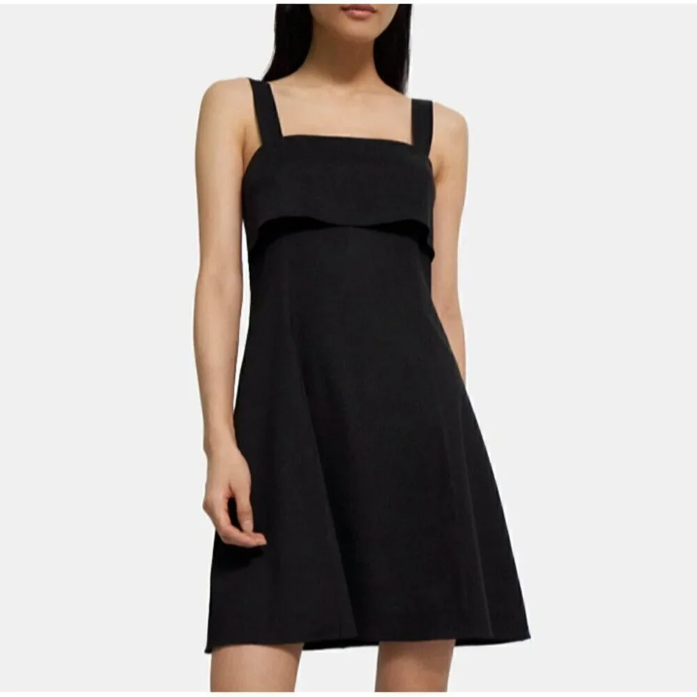Theory Drape Back Dress Size 10 Black Linen Blend Stretch Sleeveless Fit & Flare